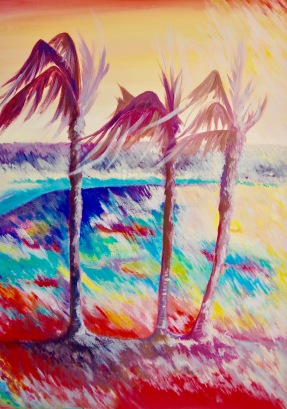 palmiers dans le vent (acrylique et pastel à l'huile)